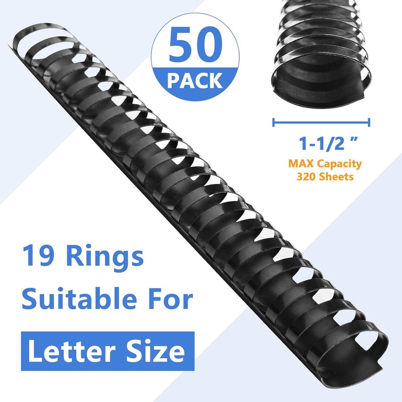 HOUYEE Store 1-1/2 Inch Plastic Binding Comb 19 Ring, 320 Sheet Capacity, Letter Size Black Comb Binding Spines (50 Pack) - Image 2